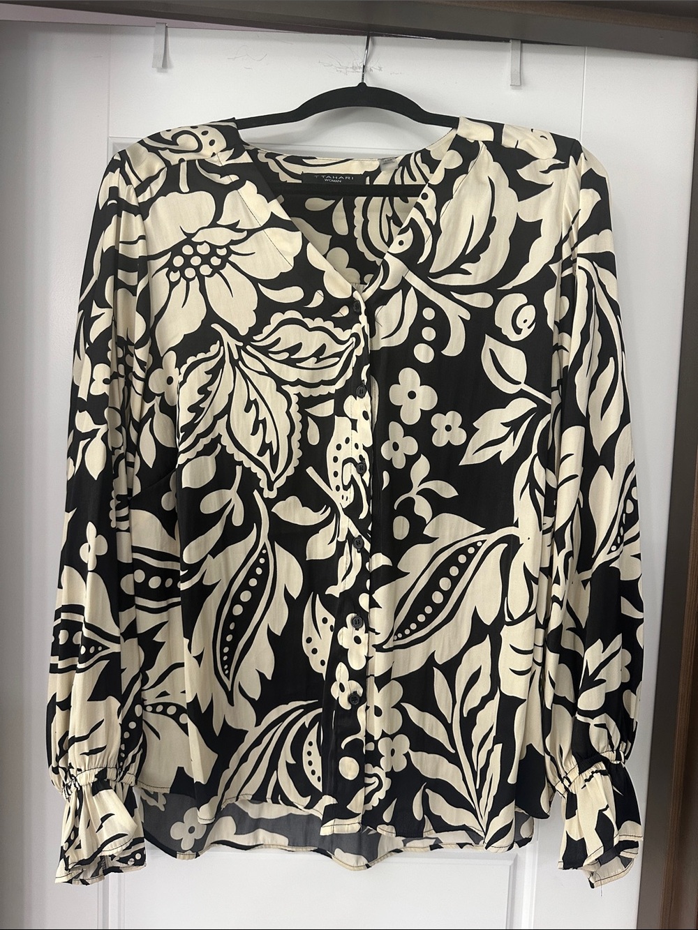 T Tahari Black and Cream Floral-Print Button Blouse